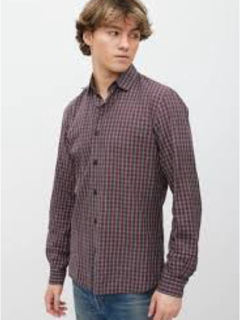Boss Men's Burgundy and Black Check Button-Down Shirt